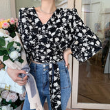 Yidouxian Women's Floral Print Blouse V Neck Lace Exposed Navel Long Sleeves Chiffon Shirts Tops