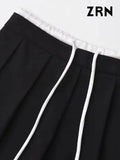 Yidouxian ZRN-Women's Patchwork Pleated Shorts Skirts, Mid Waist With Drawstrings, Side Zipper, Female Skort, Fashion