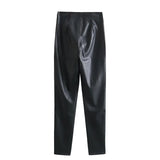 Yidouxian Women Elastic High Waist Faux Leather Leggings Seamless Hem Female Pants Pencil Trousers