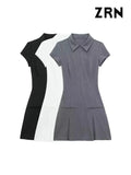 Yidouxian ZRN-Women's Front Zipper Pleated Mini Dress, Shirt Collar, Short Sleeves, Female Dresses, Fashion