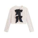 Yidouxian ZRN-Women's Long Sleeve Sequined Cropped Jacket, O Neck Coat, Female Outerwear, Chic Tops, Bow Tied