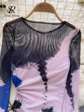 Yidouxian Women Mesh Sheer T Shirt Fashion O Neck Long SLeeves Transparent Drawstring Slim Blouse 2024 Tie Dye Print Sexy Top