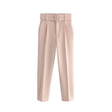 Yidouxian ZRN-Women's High Waist Zipper Fly Ankle Trousers with Belt, Office Wear Pants, Side Pockets, Female Fashion