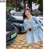 Yidouxian Women Dress Sweet Lace Ruched Blue Dresses Korean Style Floral Printing Peter Pan Collar Kawaii Vestidos 2024 Autumn