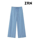 Yidouxian ZRN-Women's Full Length Striped Pants, Side Pockets, Mid Elastic Waist, Drawstring, Female Trousers, Fashion