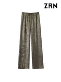 Yidouxian ZRN-Women's Metallic Straight Pants, High Elastic Waist with Drawstring, Female Trousers, Fashion