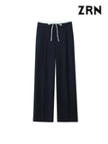 Yidouxian ZRN-Women's Double Waistband Wide Leg Pants, High Elastic Waist With Drawstring, Side Pockets, Female Trousers, Chic Fashion