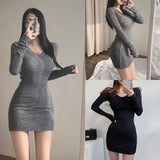 Yidouxian Autumn/Winter Dress Solid V-neck Slim Fit Sexy Wrap Hip Elastic Long Sleeve Dress