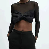 Yidouxian Spring 2024 Women Sexy Semi-sheer Patchwork Mesh T Shirt Long Sleeve O Neck Black Tee Summer Crop Top