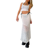 Yidouxian Women's Y2K Vintage Full Lace Summer Street Party See Through Low Waist Wrapped Floral Ruffled Hem Mermaid Long Skirt