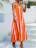 Yidouxian Size 1XL-5XL Orange Vertical Stripe Casual Loose Vacation Suitable Sling Sleeveless Dress