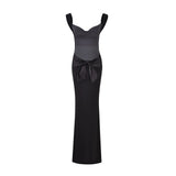 Yidouxian Women's Elegant Vintage Big Satin Bow Sleeveless Backless Deep Square Neck Solid Color Maxi Long Dress Formal Gown