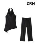 Yidouxian Asymmetric Halter Tank Tops and Straight Pants for Women, Female Two Piece Sets, Fashion