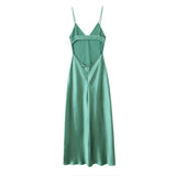 Yidouxian New Women Green Satin Midi Spaghetti Strap Sexy Dresses Chic Backless V Neck Female Party Vestidos