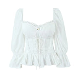 Yidouxian Y2K Women High Quality Lace Trim White Blouse Front Lacing Up Puff Sleeve Sexy Elegant Sweet Crop Top