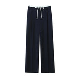 Yidouxian ZRN-Women's Double Waistband Wide Leg Pants, High Elastic Waist With Drawstring, Side Pockets, Female Trousers, Fashion