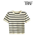 Yidouxian Women Fashion Striped Basic Cropped Knit Sweater Vintage O Neck Short Sleeve Female Pullovers Chic Tops