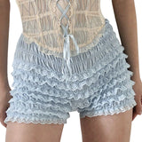 Yidouxian Women's Y2K Vintage Summer Ruffled Elastic Waist Fairycore Floral Lace Layered Shorts for Beach Nightclub Streetwear