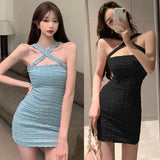 Yidouxian Women Dress Cross Halter Slim Sexy Knitted Sleeveless Korean Solid Color Dress