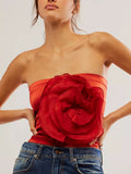 Yidouxian Women's Vintage Big 3D Rosette Flower Tube Tops Summer Strapless Solid Color Bandeau Crop Tops Slim Fit Satin Camis