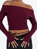 Yidouxian Women Off Shoulder Crop Tops Pullovers Solid Color Ribbed Slash Neck Sweaters Long Sleeve Exposed Navel Knitwear 2024