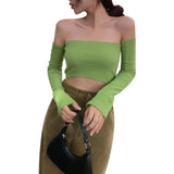 Yidouxian Crop Tops T-shirts, Solid Color Boat Neck Off Shoulder Sexy Tops Pullover with Long Sleeves for Summer Club Wear