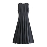 Yidouxian Spring 2024 Women Dark Gray Sleeveless Dress O Neck A-line Pleats Sexy Elegant Ladies Long Dresses
