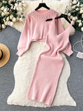 Yidouxian Pearls Knitted Suits Winter O Neck Long Sleeves Pullover+Strap Slim Bodycon Dress Female Elegant Striped Sweater Sets