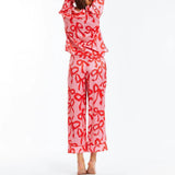 Yidouxian Women's 2 Piece Bow Print Pajamas Set Long Sleeve Lapel Button Up Shirt Tops + High Waist Long Pants Sleepwear Sets