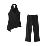 Yidouxian Asymmetric Halter Tank Tops and Straight Pants for Women, Female Two Piece Sets, Fashion