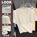 Yidouxian Simple Casual T Shirt Women Puff Short Sleeve Square Neck Knit Tops Ladies Summer New White T-shirt Ropa De Mujer