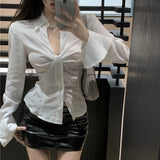 Yidouxian Women Elegant White Shirt Summer Sexy V Neck Folds Chic Crop Blouses Korean Streetwear Flared Long Sleeve Tops New