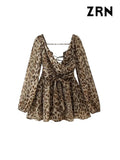 Yidouxian ZRN-Women's Leopard Print Backless Mini Dress with Belt, Long Hollow Out Sleeves, Female Dresses, Sexy Fashion