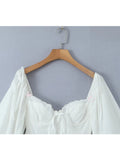 Yidouxian Sexy Women Lace Spliced White Crop Blouse Vintage Lantern Sleeve Back Bandage Backless Ladies Summer Tops