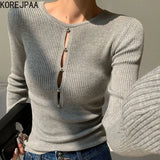 Yidouxian Basic Grey Sweater Women Autumn Hollow Buttons Slimming Pull Femme Casual Fashion Long Sleeve Tops Knitwear Clothes