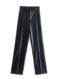 Yidouxian Women Fashion Faux Leather Straight Pants Vintage High Waist Zipper Fly Female Trousers Mujer