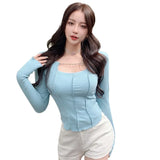 Yidouxian Women Solid Color T Shirt Korean Style Solid Color Square Collar for Leisure T Shirt