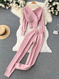 Yidouxian Winter Casual Knitted Two Pieces Suits V Neck Long Sleeve Sweater+ Elastic Casual Long Pants Sets Women Sweater Sets