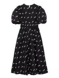 Yidouxian New Fashion Women Floral Embroidery Black Midi Dress Vintage Puff Sleeve O Neck Female Dress