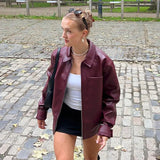 Yidouxian Women Red Lapel Zipper Leather Cropped Coat 2023 Chic Retro Loose Casual Short Jackets Autumn Fashion Motorcycle Leather Tops