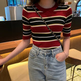 Yidouxian Women's Striped Printed Sweater T-shirt Slim Fitting Short Sleeved Round Neck Knitted Sweater