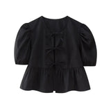 Yidouxian ZRN-Women's Lace Up Cropped Blouses, Puff Sleeves, O Neck, Female Shirts, Chic Tops, Fashion