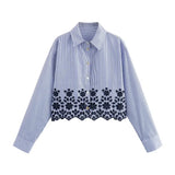 Yidouxian ZRN-Women's Cutwork Embroidery Striped Cropped Shirts, Long Sleeve, Front Button, Female Blouses, Chic Tops, Fashion