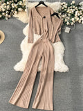 Yidouxian Senior Knitted Suits Fashion Metal Button Vest+V Neck Long Sleeves Cardigans+Wide Legs Pants Stripe Three Pieces Sets