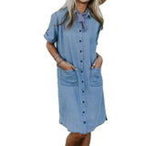 Yidouxian Women's Summer Plus Size Loose Short Sleeved Denim Dress Women's Lapel Button Solid Color Casual Loose Denim Dress