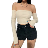 Yidouxian Crop Tops T-shirts, Solid Color Boat Neck Off Shoulder Sexy Tops Pullover with Long Sleeves for Summer Club Wear