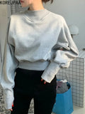 Yidouxian Chic Batwing Sleeve Cropped Sweatshirts Women Solid Elegant Pullover Top Casual Autumn Round Neck Korean Fashion Hoodie