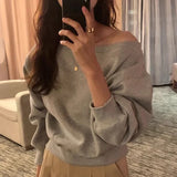 Yidouxian Spring French Style Hoodies Women Diagonal Collar Irregular Off Shoulder Versatile Long Sleeve Top Sweatshirt Outwear