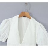 Yidouxian Summer Women Vintage Puff Sleeve Lapel Collar White Mini Dress Tie Bow Sashes Pleated Hem Female Cotton Robe