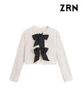 Yidouxian ZRN-Women's Long Sleeve Sequined Cropped Jacket, O Neck Coat, Female Outerwear, Chic Tops, Bow Tied